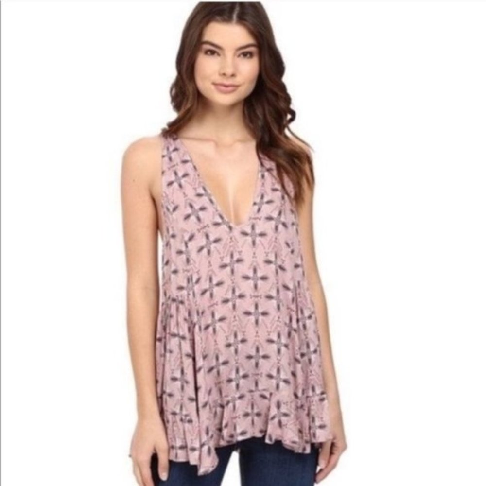 Free People Pink Printed V-Neck Swing Tank